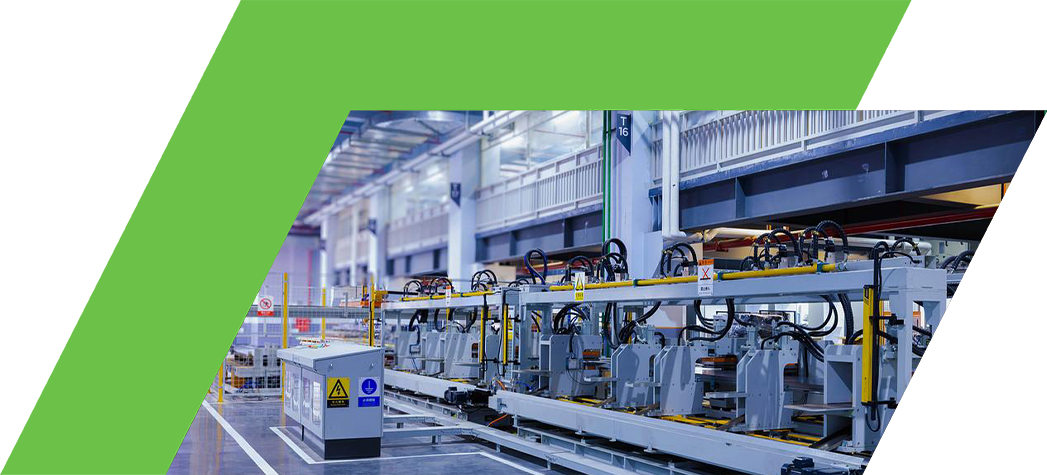 A modern automated manufacturing facility featuring robotic machinery and industrial equipment.